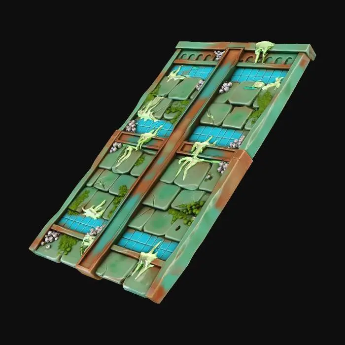 3D model for A stylized, low-poly game asset for a modular ancient underwater temple kit. PBR materials, eroded stone with turquoise tiles and oxidized metal details. Light algae and barnacle growth. This is a SLOPED ROOF PLANE: a long, rectangular slab of stone and tile sloping upward at 45 degrees. Features carved stone shingles. Clean, straight edges on all sides. Floating in empty space, NO environment.