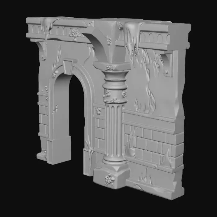3D model for A stylized, low-poly game asset for a modular ancient underwater temple kit. PBR materials, eroded stone with turquoise tiles and oxidized metal details. Light algae and barnacle growth.
