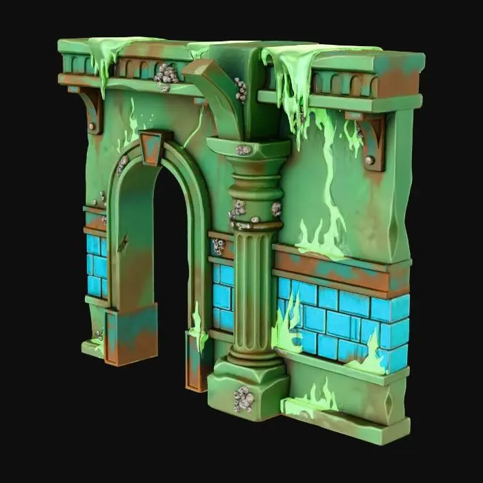 3D model for A stylized, low-poly game asset for a modular ancient underwater temple kit. PBR materials, eroded stone with turquoise tiles and oxidized metal details. Light algae and barnacle growth.