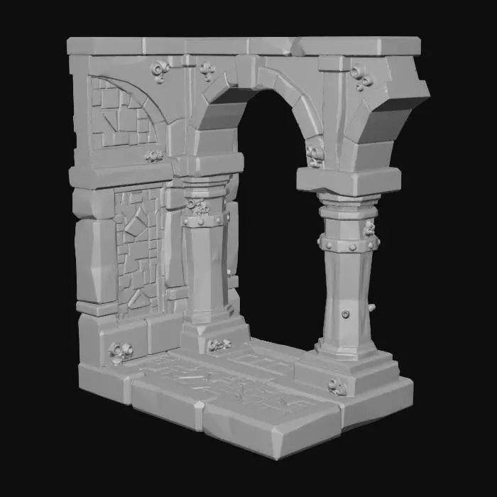 3D model for A stylized, low-poly game asset for a modular ancient underwater temple kit. PBR materials, eroded stone with turquoise tiles and oxidized metal details. Light algae and barnacle growth.