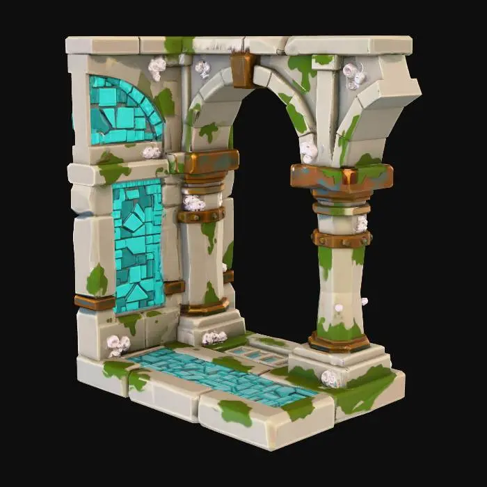 3D model for A stylized, low-poly game asset for a modular ancient underwater temple kit. PBR materials, eroded stone with turquoise tiles and oxidized metal details. Light algae and barnacle growth.