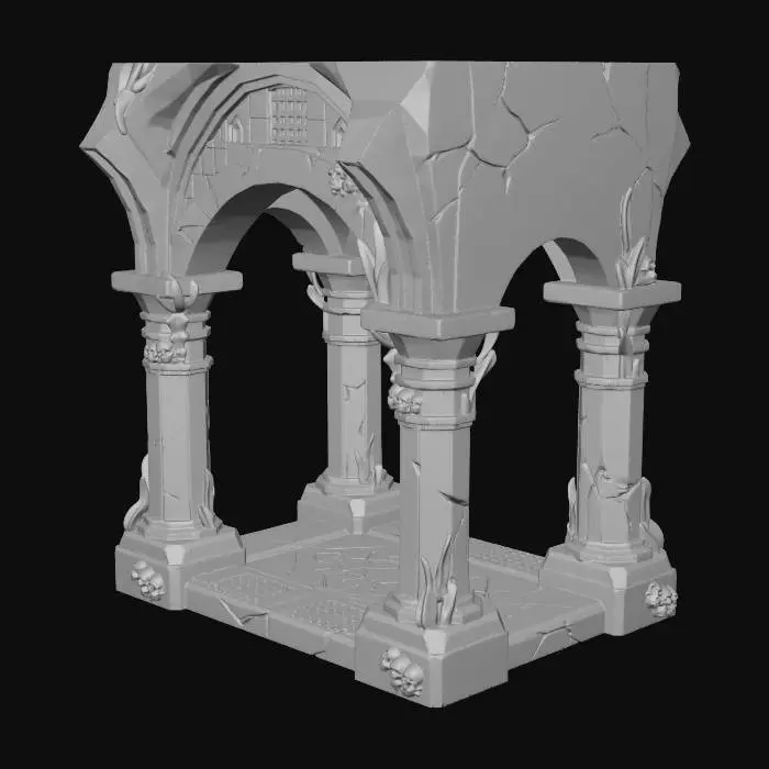 3D model for A stylized, low-poly game asset for a modular ancient underwater temple kit. PBR materials, eroded stone with turquoise tiles and oxidized metal details. Light algae and barnacle growth.