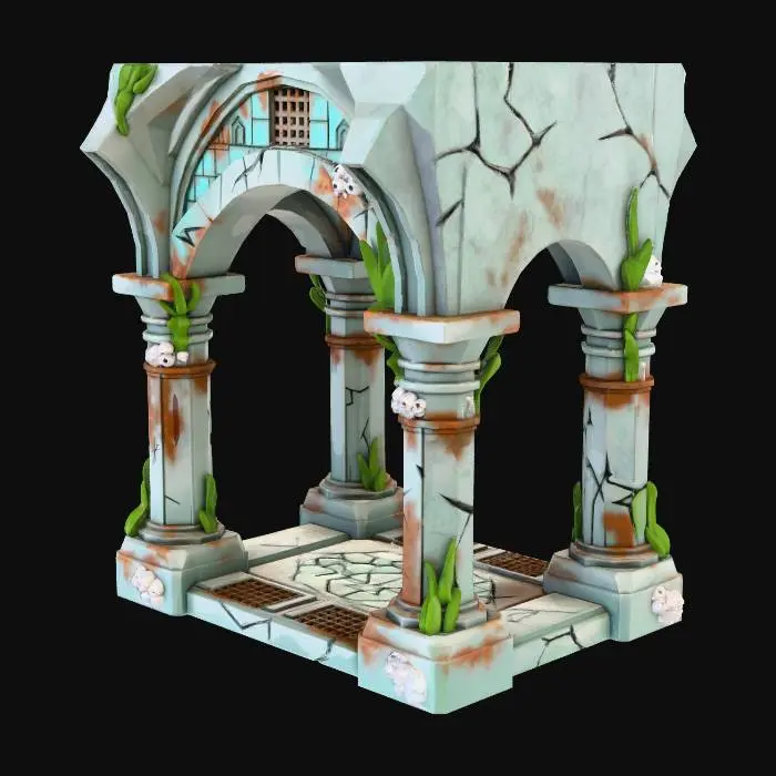 3D model for A stylized, low-poly game asset for a modular ancient underwater temple kit. PBR materials, eroded stone with turquoise tiles and oxidized metal details. Light algae and barnacle growth.