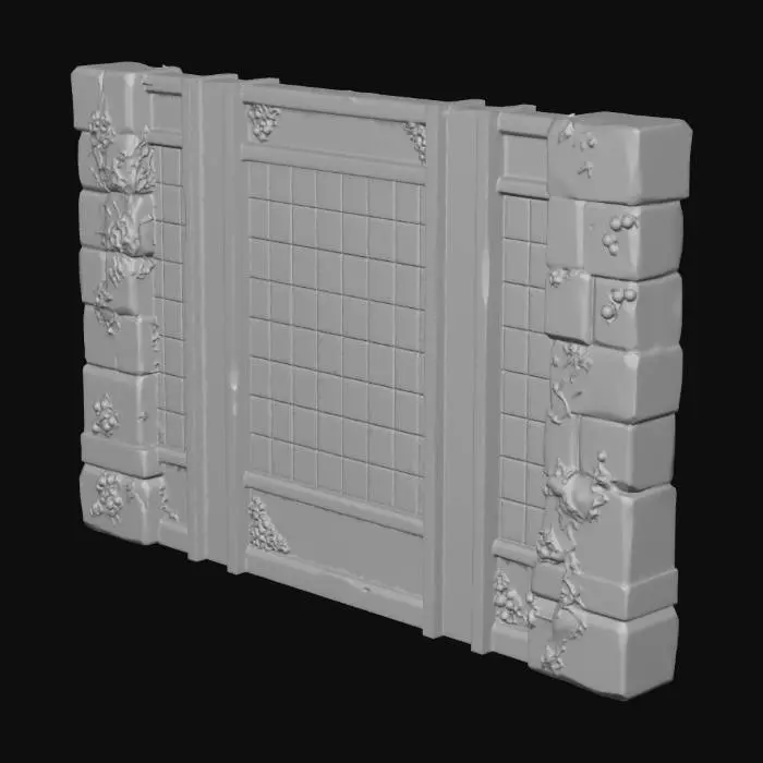 3D model for A low-poly straight temple wall segment with exposed structural beams. The wall is a thin panel. The interior face shows cracked stone and turquoise tiles with two vertical, oxidized metal reinforcement beams partially exposed. The exterior is heavily eroded. Clean modular edges. All surfaces textured. Floating game model.