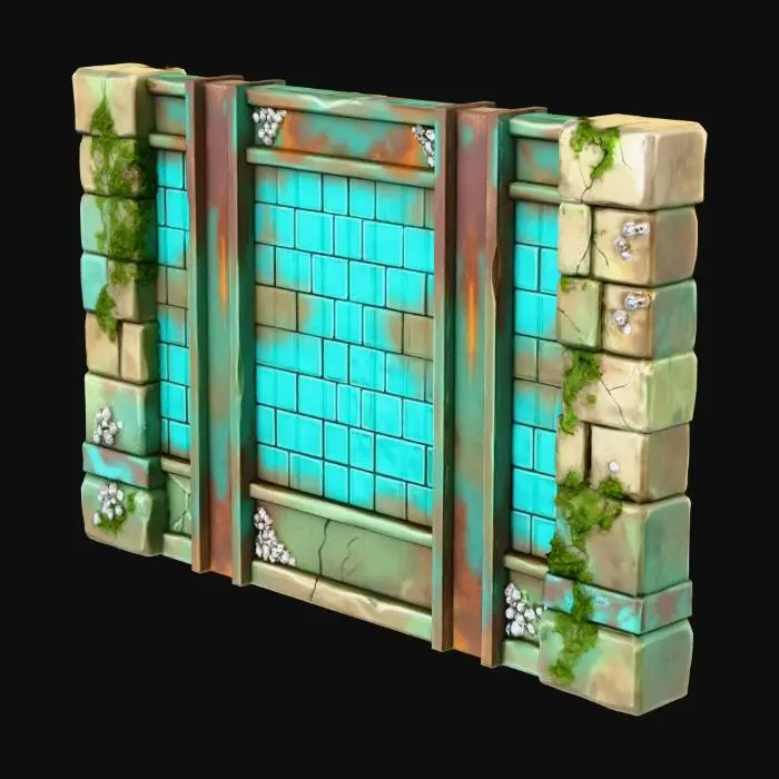 3D model for A low-poly straight temple wall segment with exposed structural beams. The wall is a thin panel. The interior face shows cracked stone and turquoise tiles with two vertical, oxidized metal reinforcement beams partially exposed. The exterior is heavily eroded. Clean modular edges. All surfaces textured. Floating game model.