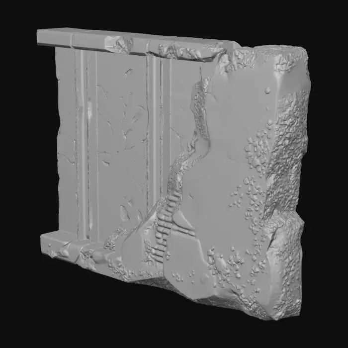 3D model for A low-poly straight temple wall segment with exposed structural beams. The wall is a thin panel. The interior face shows cracked stone and turquoise tiles with two vertical, oxidized metal reinforcement beams partially exposed. The exterior is heavily eroded. Clean modular edges. All surfaces textured. Floating game model.