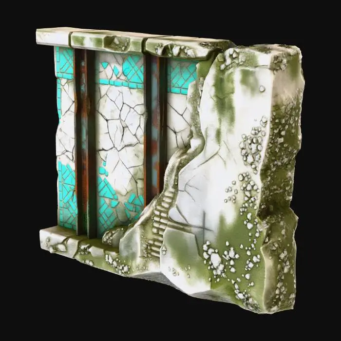 3D model for A low-poly straight temple wall segment with exposed structural beams. The wall is a thin panel. The interior face shows cracked stone and turquoise tiles with two vertical, oxidized metal reinforcement beams partially exposed. The exterior is heavily eroded. Clean modular edges. All surfaces textured. Floating game model.