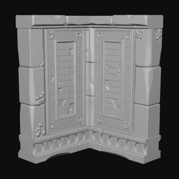 3D model for A low-poly game asset: a thin, L-shaped INTERIOR CORNER WALL segment from an ancient underwater temple. Two flat stone walls with INTERIOR turquoise tile details meet at a 90-degree interior angle. The walls are a THIN SHELL (like a flat panel, not a thick block). The exterior surface is plain, slightly eroded stone. The top and side edges are clean and flat for modular snapping. The model is fully textured on all visible faces. Isolated on transparent.
