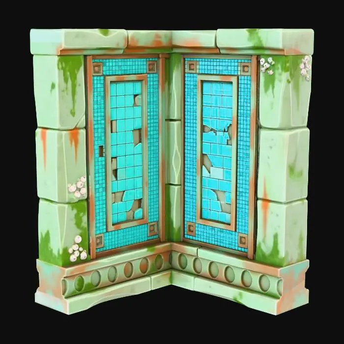 3D model for A low-poly game asset: a thin, L-shaped INTERIOR CORNER WALL segment from an ancient underwater temple. Two flat stone walls with INTERIOR turquoise tile details meet at a 90-degree interior angle. The walls are a THIN SHELL (like a flat panel, not a thick block). The exterior surface is plain, slightly eroded stone. The top and side edges are clean and flat for modular snapping. The model is fully textured on all visible faces. Isolated on transparent.