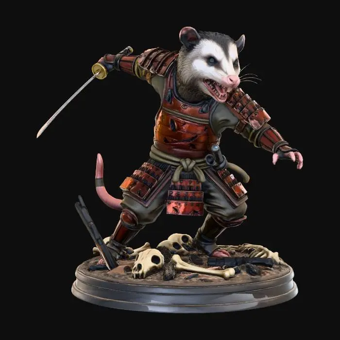 3D model for A professional 3D tabletop RPG miniature of a realistic warrior opossum in a dynamic combat pose, mid-stride in a powerful, gallant katana swing. The opossum wears highly detailed, battle-worn, and war-torn traditional samurai armor (do-maru) featuring deep scratches, dents, and chipped lacquer. The opossum’s face has a fierce, snarling expression with realistic fur textures. The character features sharp-edged, hard-surface samurai armor with high-relief sculptural details, deep battle-worn gouges, and defined plate separations. The opossum has crisp, needle-fine fur textures and a fierce snarling expression. The character is standing on a clean-edged circular base highly detailed cinematic base littered with various distinct, sharp animal skulls, weathered bones, and charred urban battle