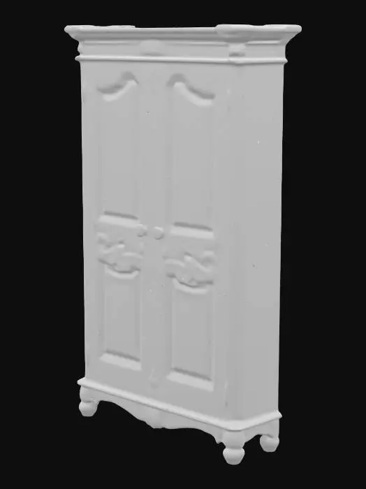 3D model for A realistic, vintage bedroom wardrobe made of aged wood, with ornate carved details on the doors, slightly worn handles, and a classic design from the early 20th century. The surface shows signs of age, like small scratches and faded varnish. Designed to stand in an old-fashioned bedroom. Natural lighting, high-detail texture.