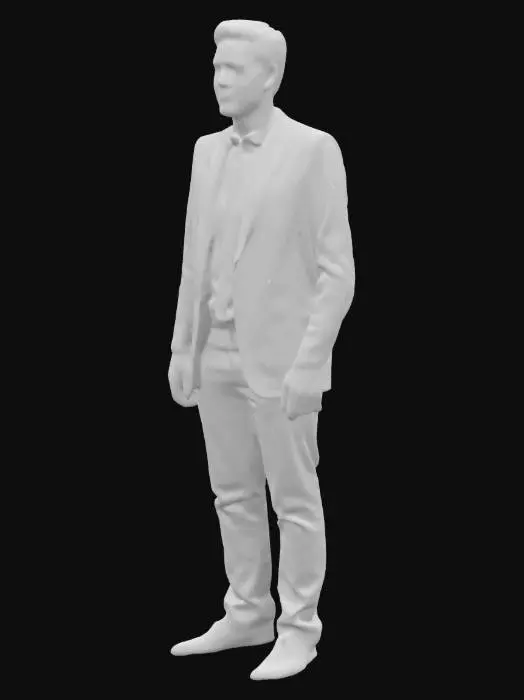 3D model for A full suit outfit consisting of a tailored blazer jacket, a crisp white shirt underneath, a slim necktie, and matching tailored trousers. The suit has a modern cut with a slightly tapered waist and slim-fit pants. Fabric is high-quality wool blend with a subtle texture, in a dark navy or charcoal color. Shirt collar neatly tucked under the jacket, tie in a classic knot. Sophisticated, elegant look, front view under soft studio lighting