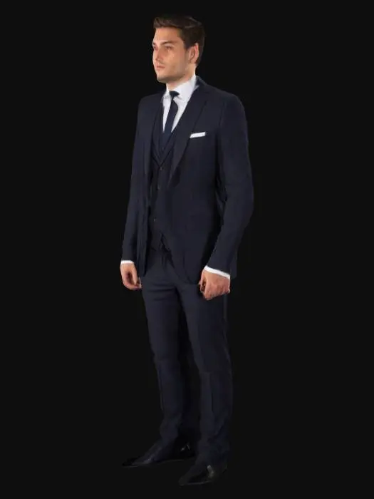 3D model for A full suit outfit consisting of a tailored blazer jacket, a crisp white shirt underneath, a slim necktie, and matching tailored trousers. The suit has a modern cut with a slightly tapered waist and slim-fit pants. Fabric is high-quality wool blend with a subtle texture, in a dark navy or charcoal color. Shirt collar neatly tucked under the jacket, tie in a classic knot. Sophisticated, elegant look, front view under soft studio lighting