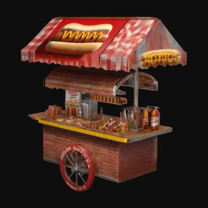 3D model for local hot dog stand, hot dogs and sauce bottles on top, small minibar next to the stand, photorealistic, 4k, masterpiece