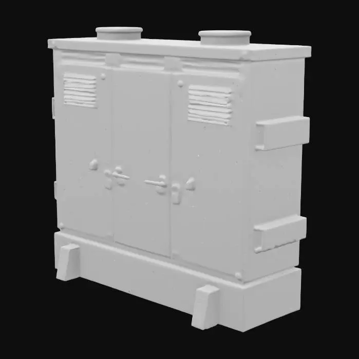 3D model for A realistic urban electrical box placed on a city sidewalk. Made of metal, slightly weathered with rust or scratches. Rectangular shape with warning signs, vents, and a small access panel. Some graffiti or stickers on the surface. Mounted on a concrete base, with nearby cables or a utility pole in the background. High Detailed. Ultra Realistic. 4K.