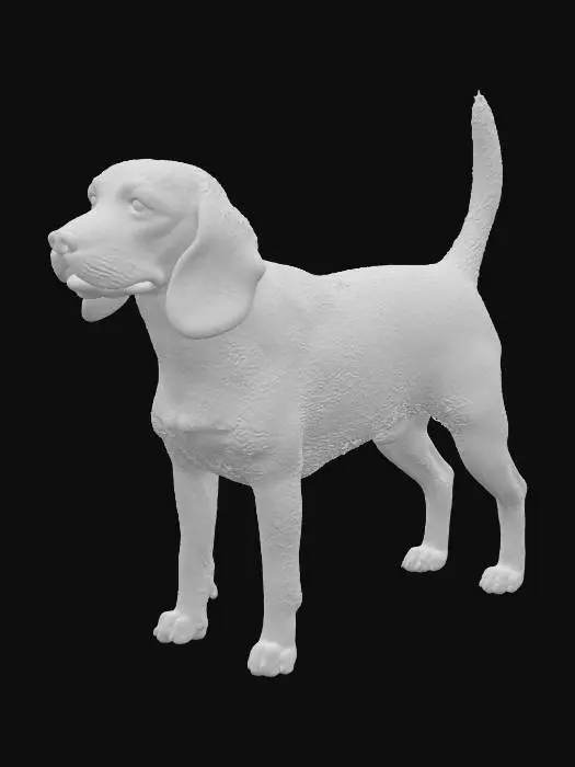 3D model for A realistic side-view studio photograph of a purebred Beagle dog standing on a plain neutral background under soft, diffuse lighting. The Beagle has a compact, muscular body with a straight back, medium-length legs, and a slightly domed skull. Its long, wide ears droop forward close to the cheeks. The eyes are large, brown, and expressive. The muzzle is square with a black nose, and the mouth is slightly open, showing a natural relaxed expression. The tail is carried high and slightly curved with a white tip. The coat is short, dense, and tri-coloured: black saddle, white legs, chest, muzzle, and tail tip, with warm tan markings on the face, ears, and sides. Photographed in high detail, with lifelike fur texture and natural proportions, as if taken by a professional studio pet photographer