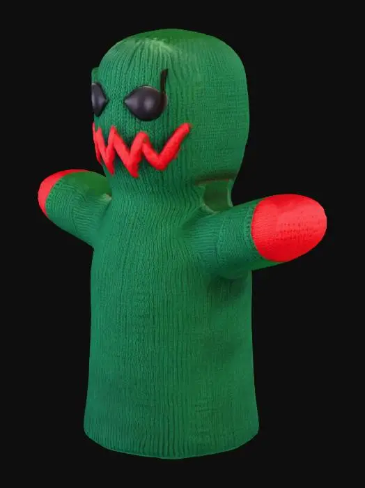 3D model for t-pose of an evil sock puppet. front view. 100% white background #villain#