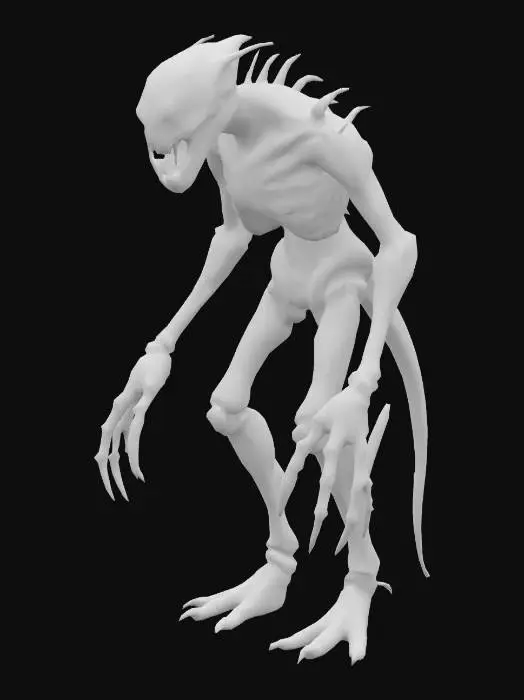 3D model for Create a terrifying humanoid monster for a horror game. The creature is tall and unnaturally slender, with gaunt, emaciated proportions. Its skin is a dark, grayish tone, stretched tightly over bones and sinew. The torso is thin and skeletal, with visible ribs and an almost corpse-like appearance. It has extremely long and thin limbs—arms and legs that seem to bend just a little too much, giving it an eerie, insect-like motion. Its fingers are long, spindly, and claw-like, perfect for creeping silently or grasping prey. The monster's face is horrifying: sunken eyes that glow faintly, an oversized mouth with irregular, sharp teeth, and facial features that are unsettlingly asymmetric, as if grown wrong. It should embody the essence of nightmare—unnatural, disturbing, and otherworldly.