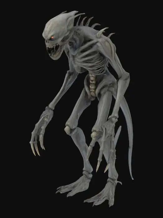 3D model for Create a terrifying humanoid monster for a horror game. The creature is tall and unnaturally slender, with gaunt, emaciated proportions. Its skin is a dark, grayish tone, stretched tightly over bones and sinew. The torso is thin and skeletal, with visible ribs and an almost corpse-like appearance. It has extremely long and thin limbs—arms and legs that seem to bend just a little too much, giving it an eerie, insect-like motion. Its fingers are long, spindly, and claw-like, perfect for creeping silently or grasping prey. The monster's face is horrifying: sunken eyes that glow faintly, an oversized mouth with irregular, sharp teeth, and facial features that are unsettlingly asymmetric, as if grown wrong. It should embody the essence of nightmare—unnatural, disturbing, and otherworldly.