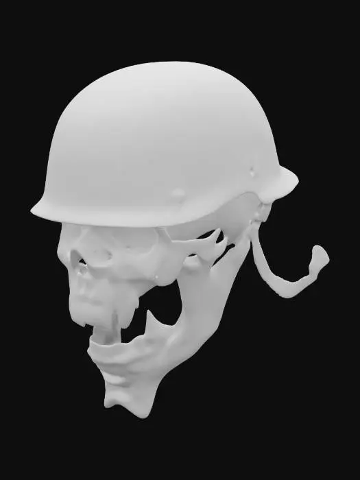 3D model for "Highly detailed human skull with sharp upper and lower canine fangs, full cranium, and realistic bone structure, including cracks, pores, and fine textures. Skull has natural human proportions. Wears a weathered Advanced Combat Helmet with scuffs, seams, and a loose chin strap that is attached to the helmet, not the skull. Dramatic lighting highlights skull and helmet details, capturing a gritty, striking aesthetic.