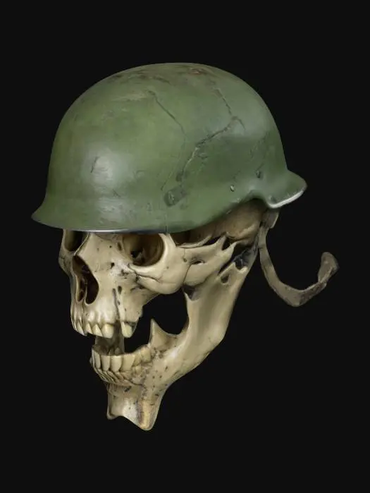 3D model for "Highly detailed human skull with sharp upper and lower canine fangs, full cranium, and realistic bone structure, including cracks, pores, and fine textures. Skull has natural human proportions. Wears a weathered Advanced Combat Helmet with scuffs, seams, and a loose chin strap that is attached to the helmet, not the skull. Dramatic lighting highlights skull and helmet details, capturing a gritty, striking aesthetic.