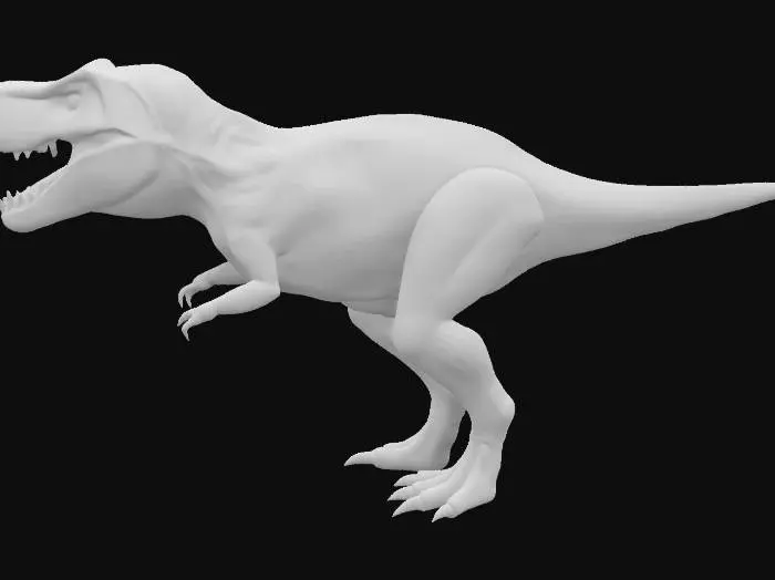 3D model for "A highly detailed 3D model of a Tyrannosaurus rex, fully textured with realistic scaly skin, sharp teeth, and powerful muscles. The model should have accurate proportions based on paleontological studies, with a dynamic pose—either roaring or mid-stride. The eyes should be fierce and lifelike, with detailed reflections. The model should be optimized for use in animation and game development, with clean topology and UV mapping. Render in 4K with realistic lighting."