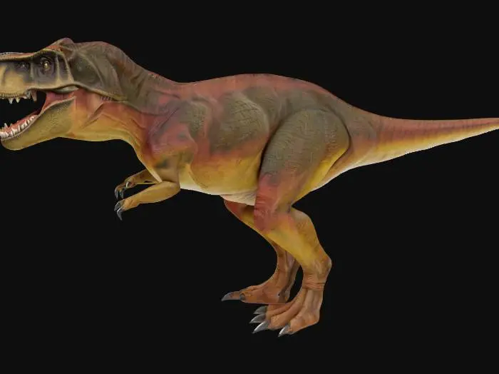 3D model for "A highly detailed 3D model of a Tyrannosaurus rex, fully textured with realistic scaly skin, sharp teeth, and powerful muscles. The model should have accurate proportions based on paleontological studies, with a dynamic pose—either roaring or mid-stride. The eyes should be fierce and lifelike, with detailed reflections. The model should be optimized for use in animation and game development, with clean topology and UV mapping. Render in 4K with realistic lighting."