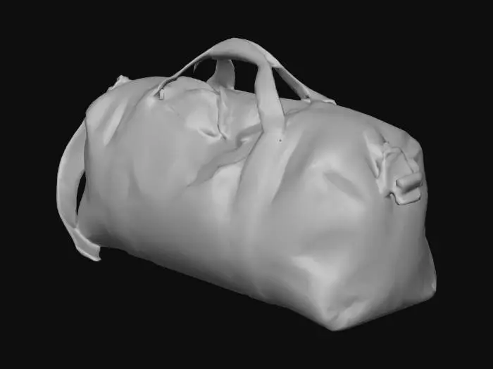 3D model for a realistic soft duffel loot bag made of heavy fabric canvas, 
medium size, slightly worn, with zipper on top, black and dark blue color, 
two short handles and one long shoulder strap, filled with money and heavy items, 
collapsed slightly under its own weight, game-ready prop, larget than taller