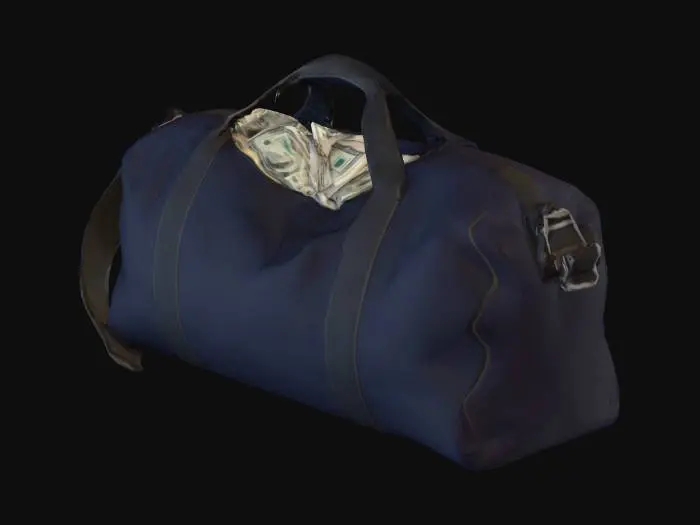 3D model for a realistic soft duffel loot bag made of heavy fabric canvas, 
medium size, slightly worn, with zipper on top, black and dark blue color, 
two short handles and one long shoulder strap, filled with money and heavy items, 
collapsed slightly under its own weight, game-ready prop, larget than taller