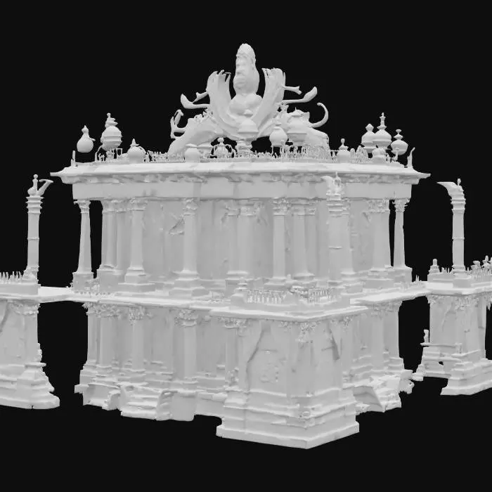 3D model for Immersive temple of the masked God, make massive, and have basement, first floor, and second floor. in basement have places for sleeping and kitchen, chests for each bed, beds on cots and straw and some beds in good shape, hallway connecting kitchen and eating room, basement also having a hidden jailer area and a snake pit, first floor having a temple asthetic, pillars, and massive welcoming area with pews and altar, behind the altar have a winding staircase moving up to the second floor where the bishops and the more important people stay, make a war room, and a secret compartment room with books and piles of parchments. the outer side of the temple should match the theme of the mask of the living god.