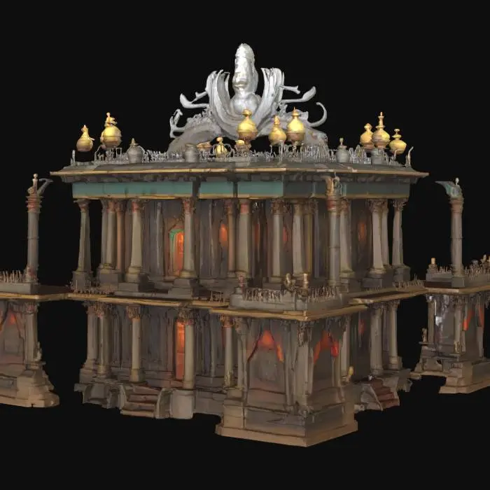 3D model for Immersive temple of the masked God, make massive, and have basement, first floor, and second floor. in basement have places for sleeping and kitchen, chests for each bed, beds on cots and straw and some beds in good shape, hallway connecting kitchen and eating room, basement also having a hidden jailer area and a snake pit, first floor having a temple asthetic, pillars, and massive welcoming area with pews and altar, behind the altar have a winding staircase moving up to the second floor where the bishops and the more important people stay, make a war room, and a secret compartment room with books and piles of parchments. the outer side of the temple should match the theme of the mask of the living god.