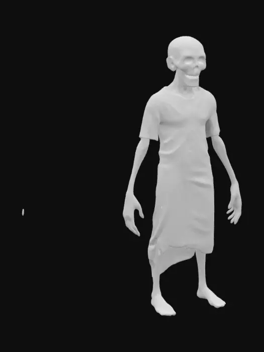 3D model for A frail humanoid figure in a hospital gown with a featureless face, only a mouth that opens unnaturally wide. creepy and bloody in the v pose
