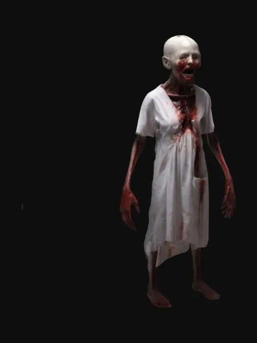3D model for A frail humanoid figure in a hospital gown with a featureless face, only a mouth that opens unnaturally wide. creepy and bloody in the v pose