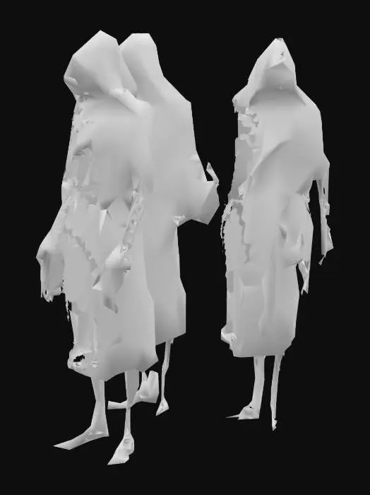 3D model for A 4k depiction of a group of shadowy creatures wearing a trench coat, representing doom and a feeling of being surrounded.  the creatures take o the shape of a single entity