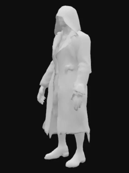 3D model for A 4k depiction of a group of shadowy creatures wearing a trench coat, representing doom and a feeling of being surrounded.  the creatures take o the shape of a single entity