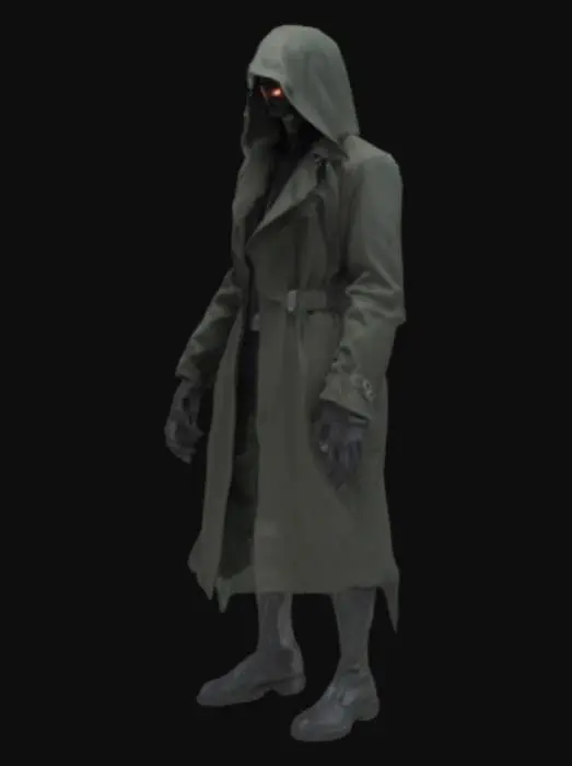 3D model for A 4k depiction of a group of shadowy creatures wearing a trench coat, representing doom and a feeling of being surrounded.  the creatures take o the shape of a single entity