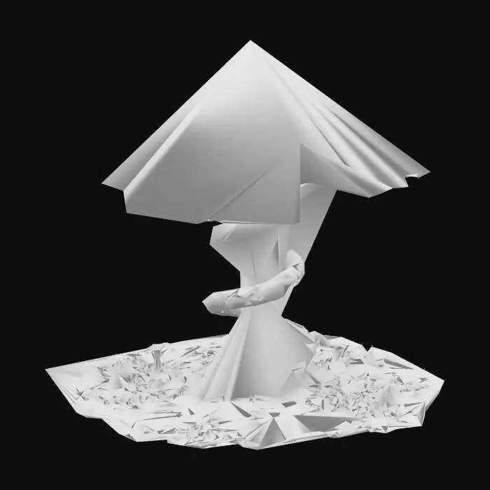 3D model for 
A colossal, bioluminescent mushroom with an alien-like, spiral stem, glowing The mushroom has transparent, jelly-like veins and crystalline spores floating around. The scene is illuminated by soft ambient light