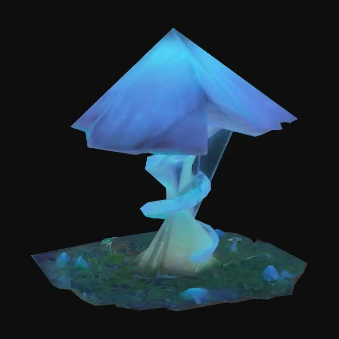 3D model for 
A colossal, bioluminescent mushroom with an alien-like, spiral stem, glowing The mushroom has transparent, jelly-like veins and crystalline spores floating around. The scene is illuminated by soft ambient light
