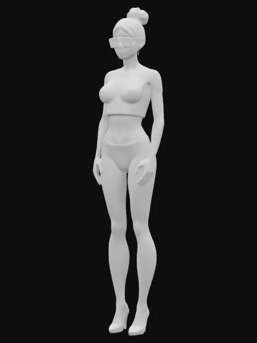 3D model for Photorealistic hot girl, tie up hairstyle, wearing black pantyhose and cropped tight T-shirt, with black framed glasses, Highly Detailed, stand position, reasonable limbs，3D style, Full Body, 4K texture, #realistic#