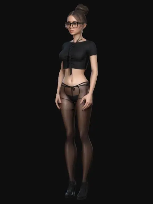 3D model for Photorealistic hot girl, tie up hairstyle, wearing black pantyhose and cropped tight T-shirt, with black framed glasses, Highly Detailed, stand position, reasonable limbs，3D style, Full Body, 4K texture, #realistic#