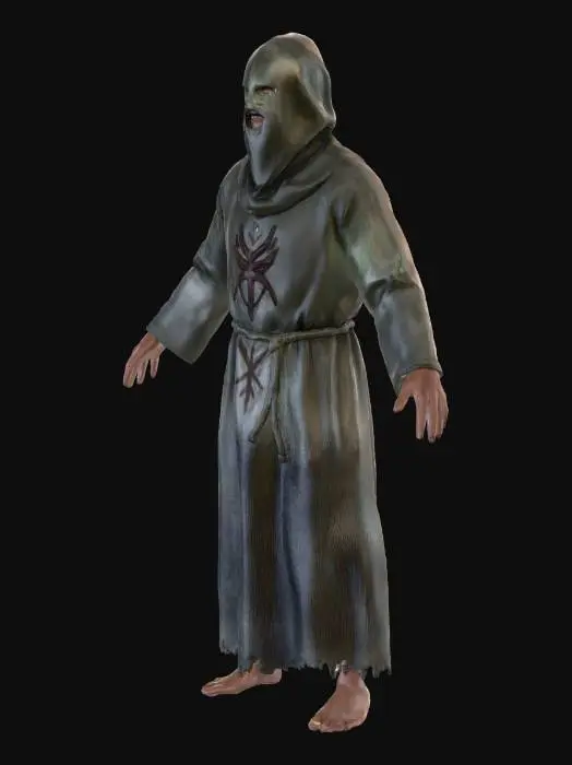 3D model for a cultist wearing jute robes and a wooden mask carved in an indian demon style