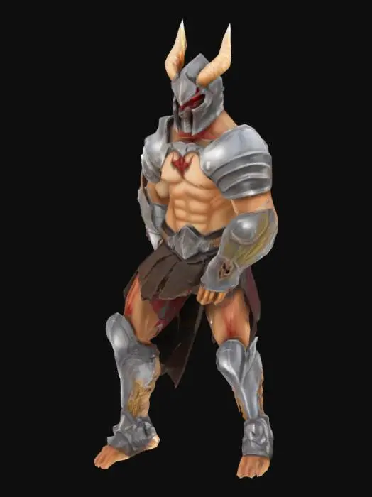 3D model for 人类战士，头戴恶魔头盔，头盔为银白色，头盔的面甲和缝隙渗透出赤红色的光芒；身体小麦色，胸口前有巨大的伤疤，身材强壮，穿着金属铠甲，铠甲只覆盖了肩部、关节、双腿、背部，露出手臂和胸口，铠甲主色调为银白色，铠甲的表面覆盖赤红色的纹路