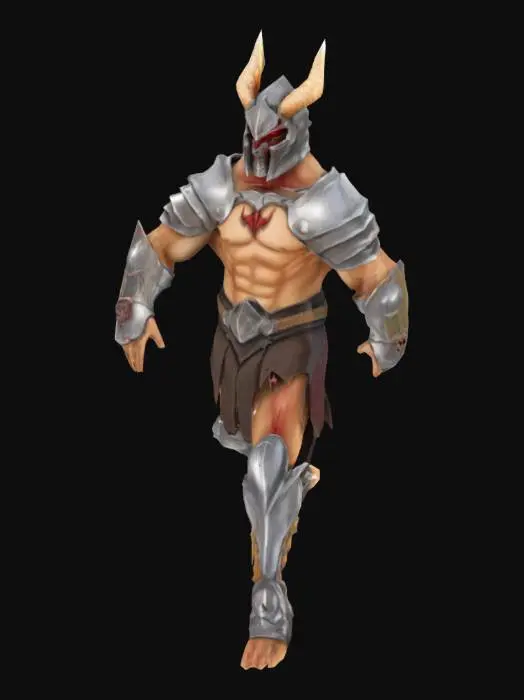 3D model for 人类战士，头戴恶魔头盔，头盔为银白色，头盔的面甲和缝隙渗透出赤红色的光芒；身体小麦色，胸口前有巨大的伤疤，身材强壮，穿着金属铠甲，铠甲只覆盖了肩部、关节、双腿、背部，露出手臂和胸口，铠甲主色调为银白色，铠甲的表面覆盖赤红色的纹路
