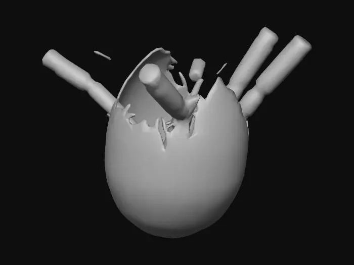 3D model for Roblox için stilize yumurta modeli. Yumurta yüzeyinde çatlaklar var ve bu çatlaklardan farklı açılarda beyzbol sopaları fışkırıyor. Sopalar dengeli şekilde yumurtanın sağından, solundan ve üstünden çıkıyor. Tasarım basit, optimize edilmiş ve Roblox pet açılım lobileri için uygun.