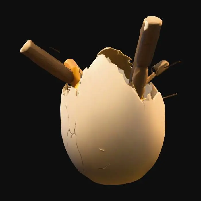 3D model for Roblox için stilize yumurta modeli. Yumurta yüzeyinde çatlaklar var ve bu çatlaklardan farklı açılarda beyzbol sopaları fışkırıyor. Sopalar dengeli şekilde yumurtanın sağından, solundan ve üstünden çıkıyor. Tasarım basit, optimize edilmiş ve Roblox pet açılım lobileri için uygun.