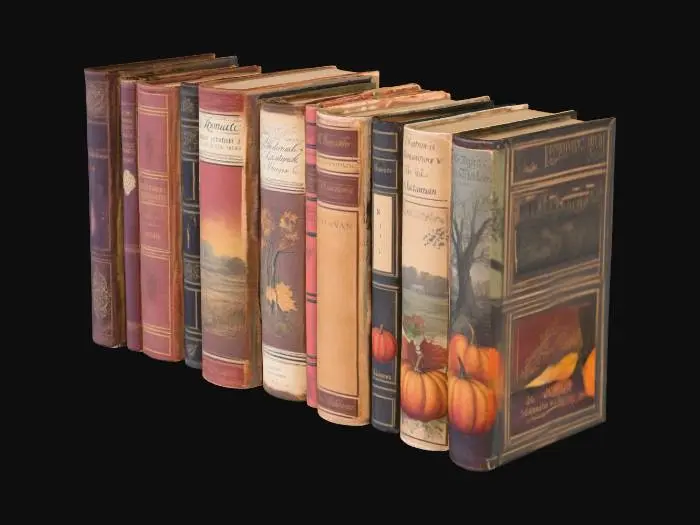 3D model for row of antique books, with romantic autumn inspired book covers, vintage