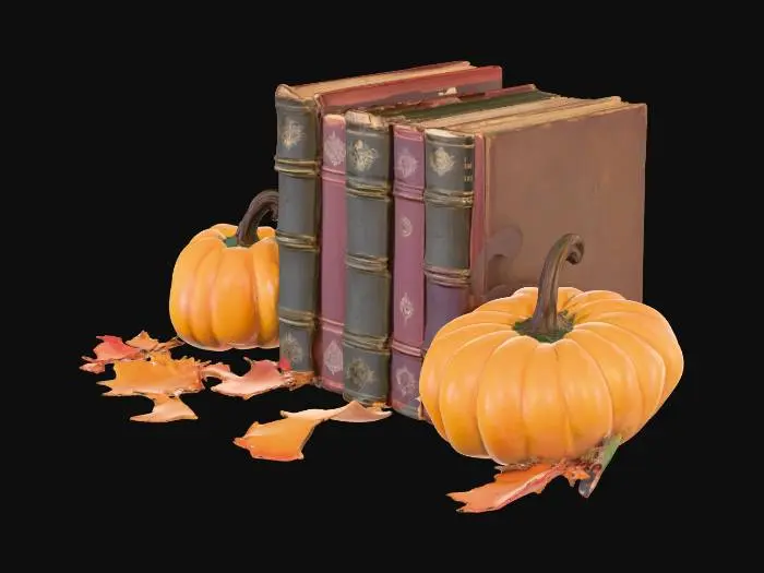 3D model for row of antique books, with romantic autumn inspired book covers, vintage