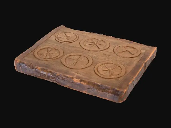 3D model for Ancient Carved wood plate, occult symbols, dark marks and stains, damaged edges, uneven surface