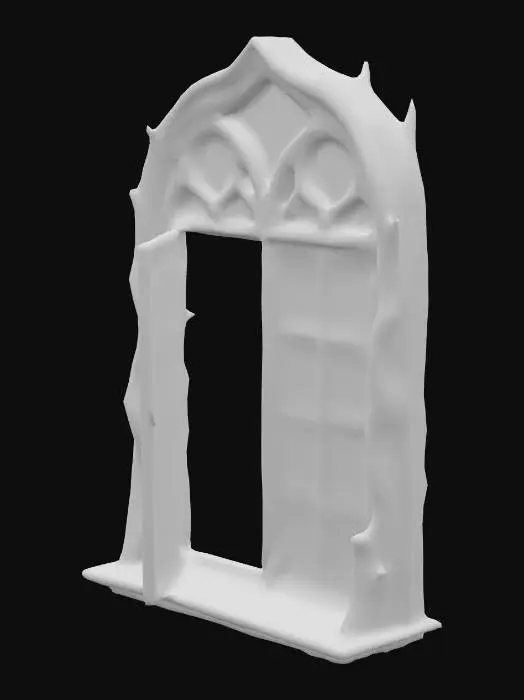 3D model for front view, orthographic view of a very large window. window is a blend of following styles- whimsical, Victorian, medieval, shabby chic. A quaint casement is pushed gently outward. The perspective is from inside, facing outward. photo-realistic, isolated, mid grey color background