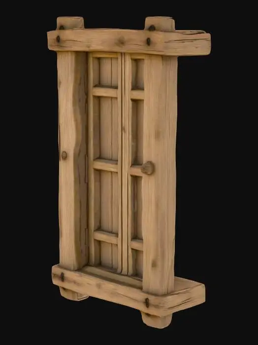 3D model for cottage rustic window frame in square format. with open blinds, wide open, also rustic charming. medieval style with some extra charming details.
